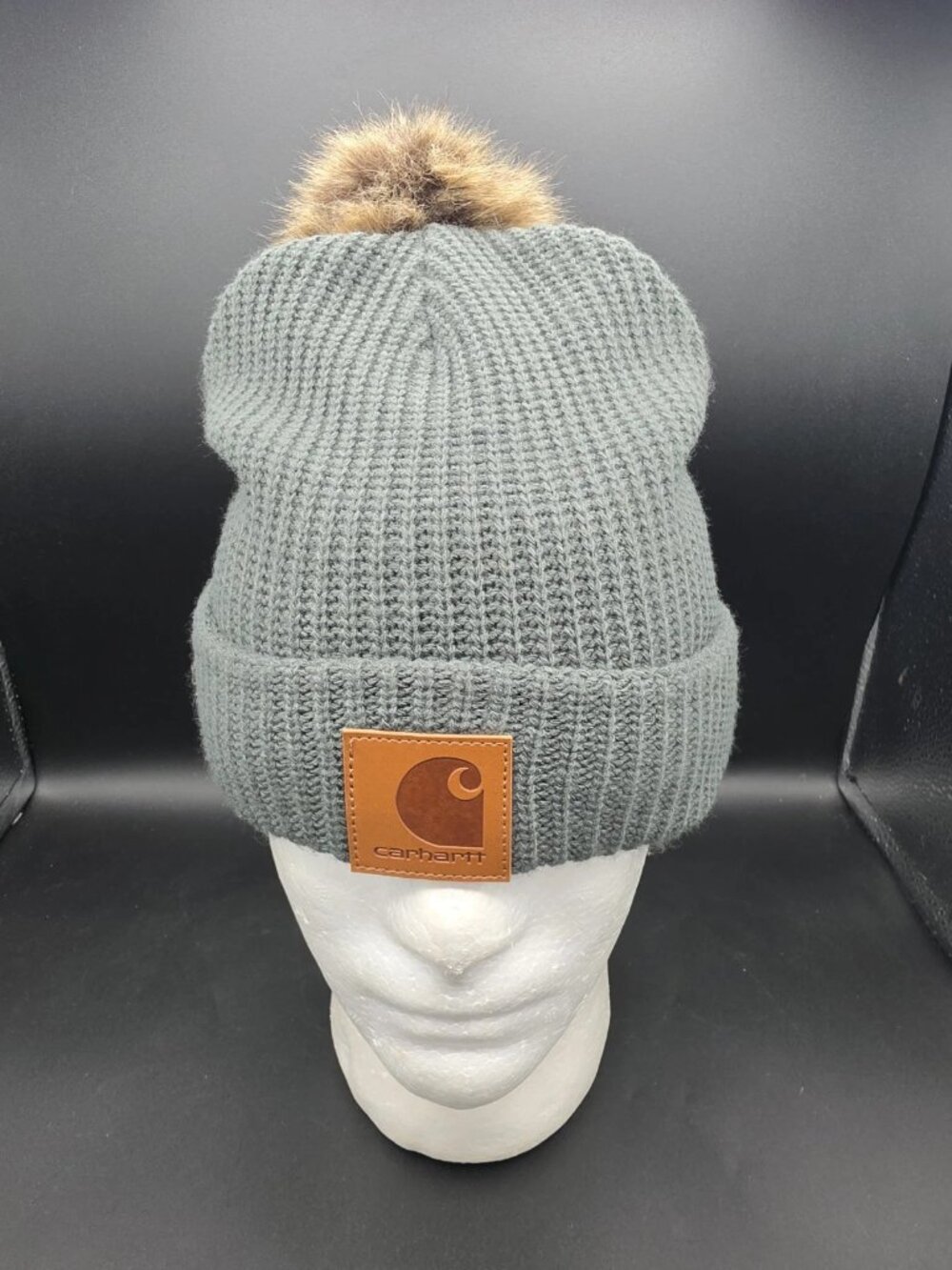Carhartt Womens Hat Green Pom Fleece Lined Knit Faux Fur Beanie One Size EUC